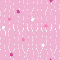 Vector pink repeat pattern with white waves and white and pink stars. Surface pattern design.