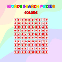 Word search puzzle. Vector education game for children. Crossword with colors. Word search puzzle for kids.