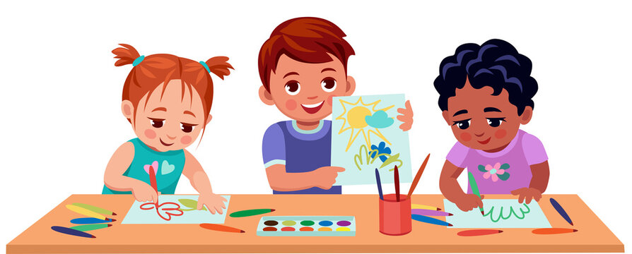 Children, a boy and girls of different nations pencil at the table, flamaster and watercolor paints.