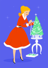 A woman in a vintage Santa Claus dress hangs a garland on the Christmas tree for the holiday Christmas and New Year. Gifts. Retro postcard. Flat vector illustration.