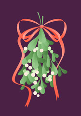Mistletoe sprig with a ribbon bow. Christmas and New Year postcard. Flat vector illustration.