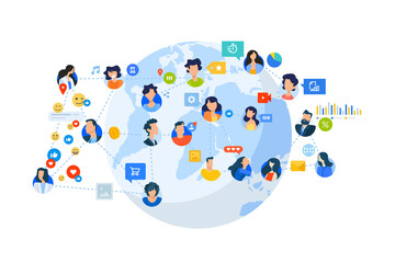 Flat design style illustration of social network, internet community. Vector concept for website banner, marketing material, business presentation, online advertising.