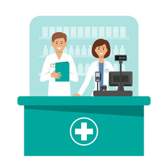 Woman and man pharmacists in a pharmacy. Medical drugs