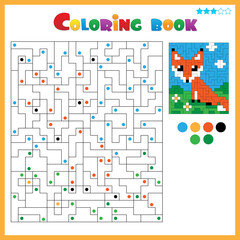 Fox. Coloring book for kids. Colorful Puzzle Game for Children with answer.