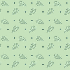 Vector seamless hand drawn pattern of leaves and dots on a green-gray background. Background in muted pastel colors for the design of napkins, textiles, fabrics, paper, notebooks, packaging, sites