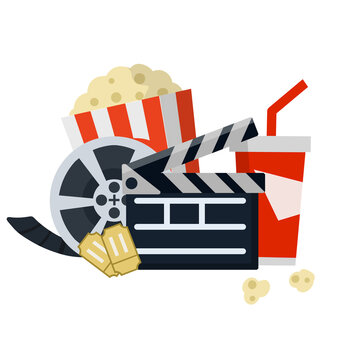 Reel with film, popcorn, red soda glass, clapper. Entertainment concept. Cartoon flat illustration isolated on white. Set of elements for viewing the movie.