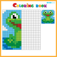 Frog. Color the image symmetrically. Coloring book for kids. Colorful Puzzle Game for Children with answer.