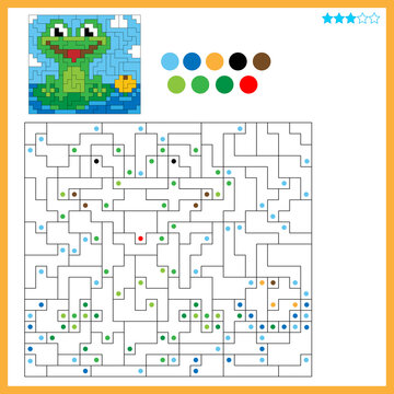 Frog with a water Lily. Coloring book for kids. Colorful Puzzle Game for Children with answer.