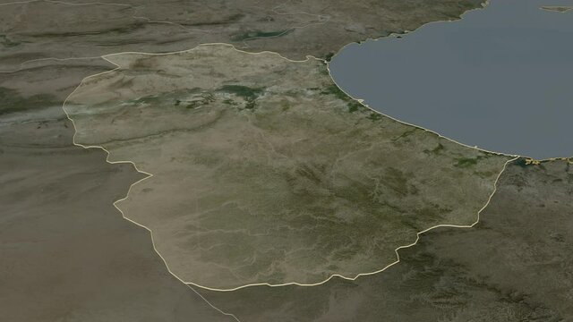 Gab&egrave;s, governorate with its capital, zoomed and extruded on the satellite map of Tunisia in the conformal Stereographic projection. Animation 3D