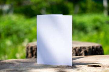 Blank bifold card on a wooden desk outdoors with floral shadow and blurred nature background as template for design presentation, event promotion, invitation etc. Camping nature vacation concept.