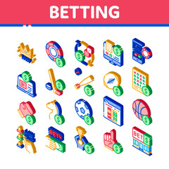 Betting And Gambling Icons Set Vector. Isometric Basketball And Baseball, Hockey And Boxing, Horse Racing And Card Game Betting Illustrations