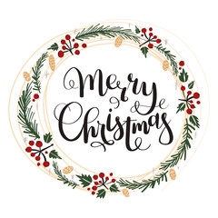 Merry Christmas lettering in round frame with hand drawn floral elements.