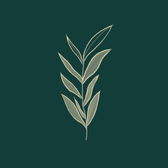 Hand drawn leaf illustration, gold leaf on a green background, line art, modern
