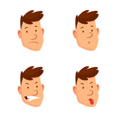 Man face expressions. Set of different male facial emotions. Attractive cartoon character. Sad, tired, laugh, angry and other emotions