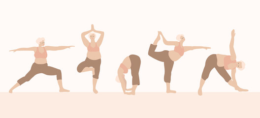 Plus size girl in various yoga asanas. A woman in a bra and sports legends goes in for sports. Vector illustration in hand drawing flat style, pastel colors. For blogs, design.