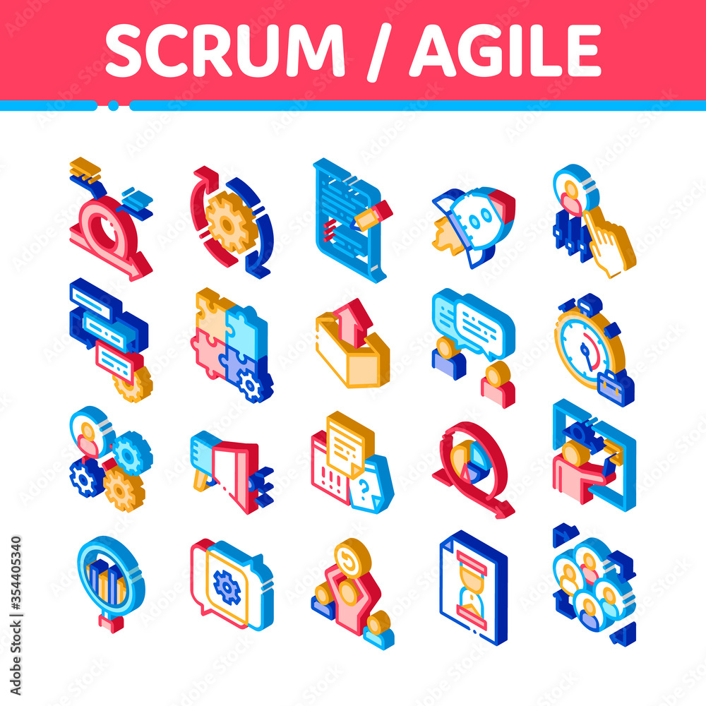 Aufkleber scrum agile elements vector icons set. isometric agile rocket and document file, gear and package, l