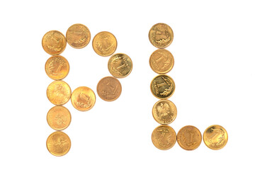 Abbreviation PL with Polish coins close-up isolated on a white background