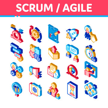 Scrum Agile Elements Vector Icons Set. Isometric Agile Rocket And Document File, Gear And Package, Loud-speaker And Stop Watch Illustrations