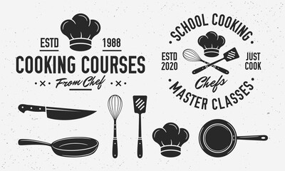 Vintage Cooking logo with cooking utensils. Cooking class logo template with knife, cooking pan, chef's cap. Emblem set for Culinary school, food studio, culinary courses. Vector illustration - obrazy, fototapety, plakaty