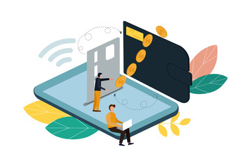 Money transfer between wallet and smartphone, flat styling. Vector illustration of online payment, money transaction
