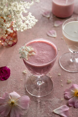 A glass of goat kefir with blended fruit