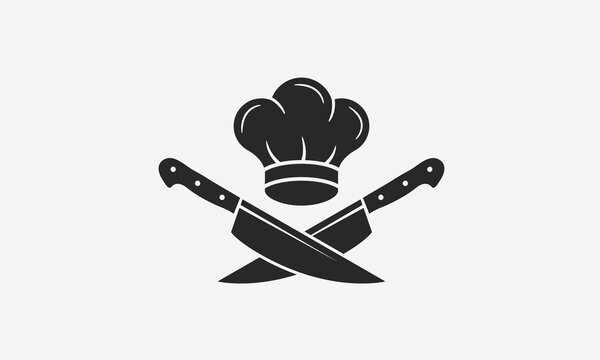 Chef logo with chef's hat and knives icons. Cooking vintage logo. Cooking Classes template logo. Label, badge for food studio, cooking courses, culinary school. Vector illustration