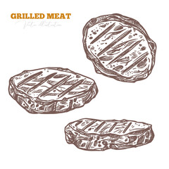 BBQ pork or beef meat product, grilled barbecue food. Roasted steak set. Vector hand drawn sketch illustrations