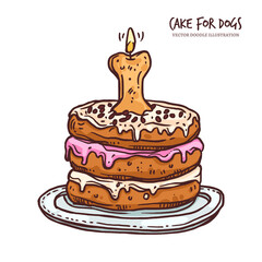 Cake for dog for anniversary or happy birthday. Canine food, dessert with bone, cupcake, cookie, cream and candle. Puppy holiday. Sketch vector doodle hand drawn illustration