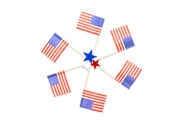 American little flags circle and stars confetti on white backdrop. Fourth of july.  independence day of America