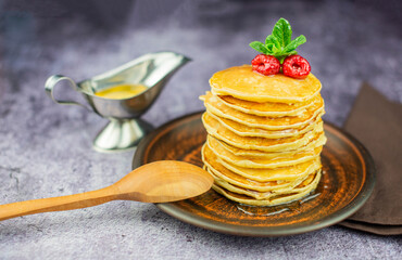 delicious american pancakes with raspberries for restaurant menu