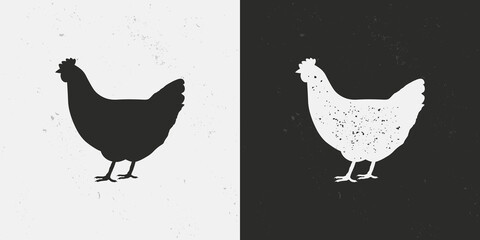 Fototapeta na wymiar Chicken, Hen icons isolated on white and black backgrounds. Hen silhouette with grunge texture. Vintage poultry farm icon. Chicken template for meat store, grocery, butcher shop. Vector illustration