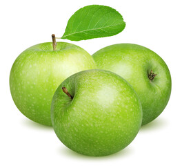 Isolated green apples. Three whole green apple with green leaf isolated on white background with clipping path