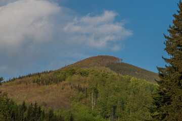 Hills over Trojanovice village in spring sunny color evening