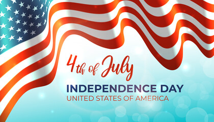 Poster 4th of july usa independence day, american flag on blue shining bokeh sky background. Banner. Fourth of july, USA national holiday. Vector illustration, template