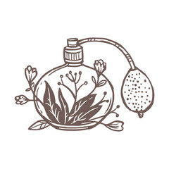 Vintage perfume glamour bottle with  flowers, plants, foliage and leaves. Creative logo concept for fashion aroma brand or shop. Idea for label or sign. Sketch doodle drawn illustration