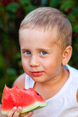 Baby boy eats a piece of ripe red watermelon. Happy childhood in the summer in the backyard. Caucasian boy enjoys an outdoor picnic on a grassy lawn