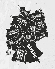 Germany map with states. Poster map of Germany with state names. Vintage Germany background. Vector illustration