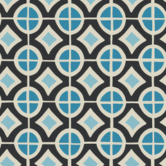 Vintage seamless pattern with a mosaic in blue and black on cream background.