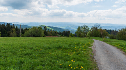 View from Bahenec in springtime Slezske Beskydy mountains in Czech republic