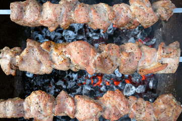 Meat chicken cow smoldering ashes coal bonfire closeup fire burn