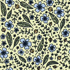 Hand draw stylized leaves, branches, flowers and berries. Doodle style backdrop. Colored vector seamless pattern for textile, wrapping paper, flat design.