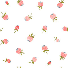 Cute pink flower buds isolated on white background. Hand-drawn vector seamless pattern. Cartoon style for textile, wrapping paper, background flat design.