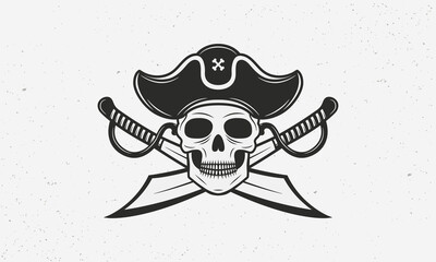 Pirate icon, logo, symbol isolated on white background. Pirate icon with skull, hat and crossed swords. Vintage print for t-shirt, typography. Vector illustration