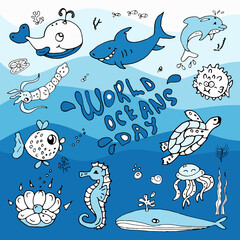 Obraz premium Vector illustration dedicated to the protection of marine, ocean and marine animals. World ocean day. Background with whales, fish, turtle, hand-drawn lettering