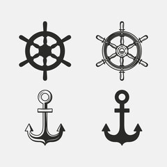 Vintage Nautical icon set. Anchor, Ship Wheel icons isolated on white background. Anchor and steering wheel silhouette. Vector illustration