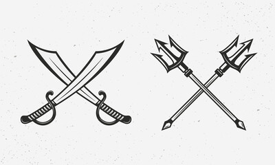 Pirate saber swords and Poseidon tridents. Nautical icons isolated on white background. Nautical logo template. Vector illustration - obrazy, fototapety, plakaty