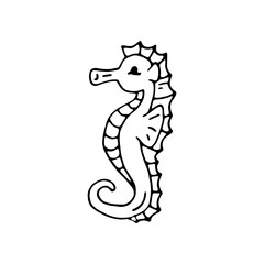 cute seahorse and World Oceans drawn doodle.Design template,logo,badge,icon,card,banner template. Greeting card for Ocean day celebration. Vector outline illustration.Kind smart being.