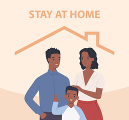 African American family with children stays at home. Happy people inside home icon. Vector illustration in a flat style