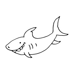 cute shark and World Oceans drawn doodle.Design template,logo,badge,icon,card,banner template. Greeting card for Ocean day celebration. Vector outline illustration.Kind smart fish.
