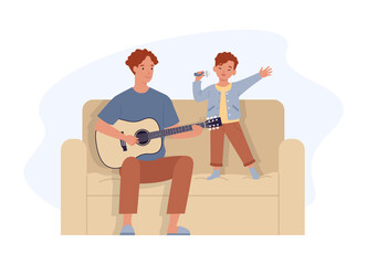 Happy Father's Day. Dad playing guitar and sing with son. Father and his little kid having good time together. Vector illustration in a flat style